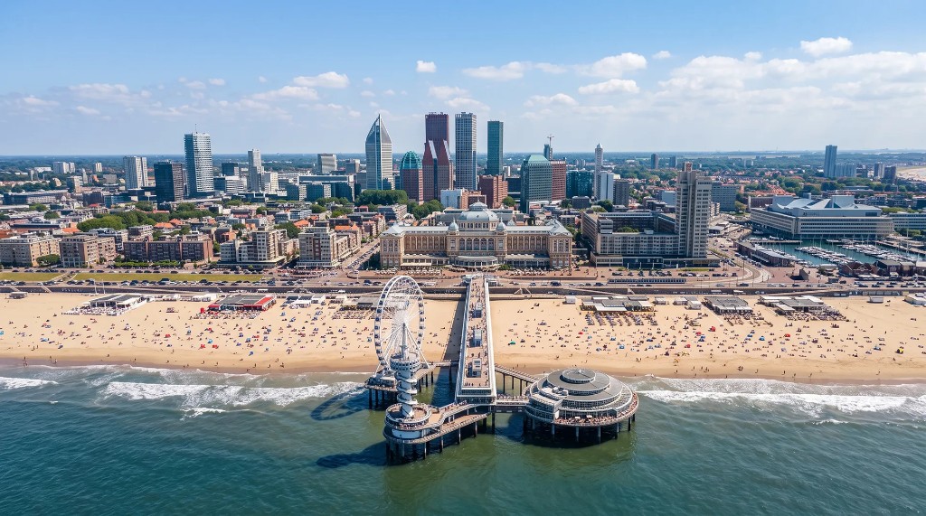 Luchtfoto van Scheveningen: pier, Kurhaus en kustlijn van Den Haag